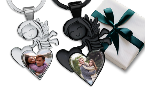 Guardian angel keychain with photo of boyfriend in a heart