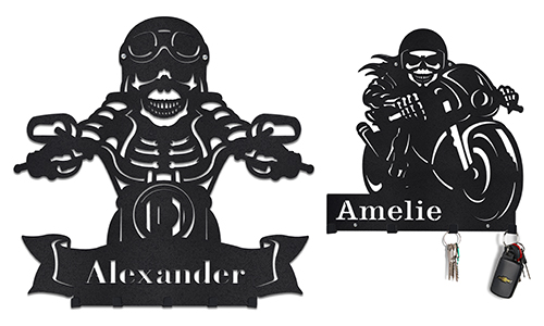 Personalized keyholder wall with skeleton for motorcyclists