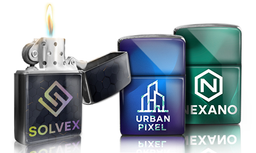 Drei Feuerzeuge: SOLVEX mit Flamme und Muster, URBAN PIXEL mit Skyline, NEXANO mit grünem Hex-Logo