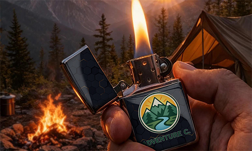 Hand hält brennendes ADVENTURE Co.-Feuerzeug mit Berg-Logo; Lagerfeuer, Zelt, Wald und Abendhimmel im Hintergrund