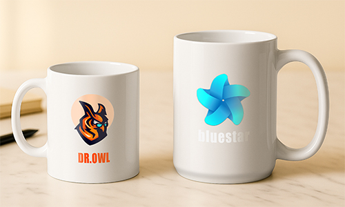 Deux mugs publicitaires : Dr.Owl avec logo de chouette orange-noir, Bluestar avec étoile en dégradé bleu