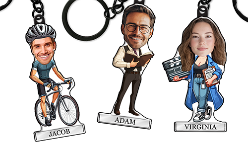 Henkilökohtainen avaimenperä Comics-tyyliin, jossa on nimi ja harrastus- tai ammattimotiivi