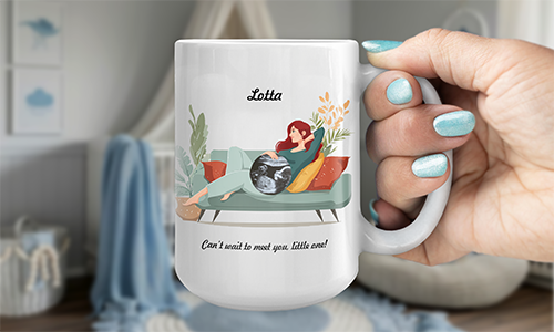 Mug with pregnant woman named Lotta reclining on couch, fetus illustration, cozy nursery background