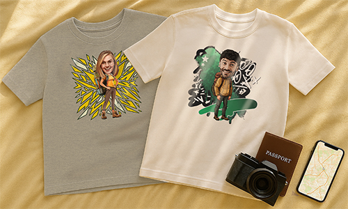 Two personalized cartoon-style t-shirts laid out with travel items, suggesting custom souvenirs or gifts for adventure lovers