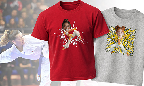 Two personalized martial arts-themed t-shirts featuring a girl in dynamic poses, set against a live match background