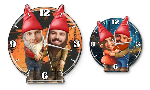 Personalized wall clock garden gnomes for couple or friends