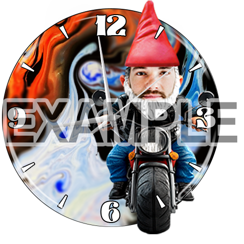 Personalized wall clock with garden gnome print