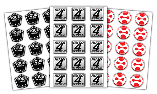 Kolme logopohjaista tarra-arkkia – Pentagon-, neliö- ja ympyräsuunnittelut logoille.