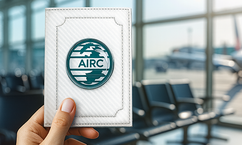 White travel wallet with stitched border and AIRC globe logo held in hand, airport lounge in background