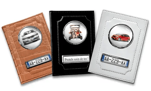 Standard car document holder with car/photo and license plate for your sister
