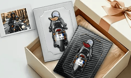 Etui na dowód rejestracyjny twojego motocykla z imieniem twojej mamy i numerem rejestracyjnym