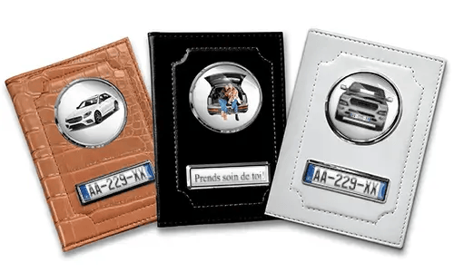 Standard car document holder with car/photo and license plate for your best friends