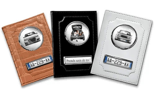 Standard car document holder with car/photo and license plate for yourself