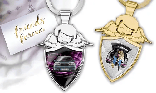 Breloczek z aniołem stróżem z pojazdem twojego najlepszego przyjaciela