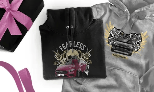 Personalised hoodie with car motif for your sister