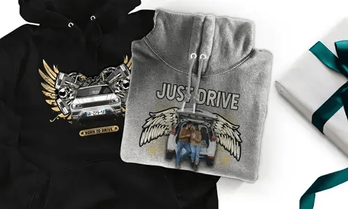 Hoodie with car motif for husband