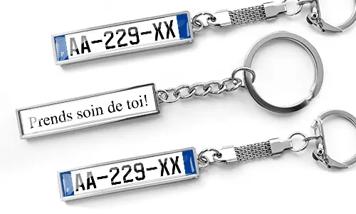 Business style metal keychains with custom license plate text and engraved message design
