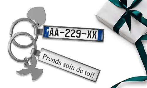 Personalized license plate keychain for son with heart charm and wing pendant