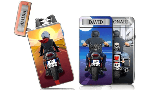 Three lighters featuring motorcycle imagery. Each lighter shows a rider from behind with personalized designs and backgrounds, conveying a sense of adventure.