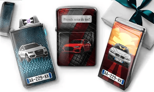 Three personalized car-themed lighters with Audi, sports car and Mercedes designs