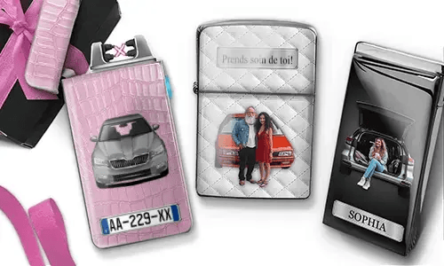 Two personalized lighters with family photos and custom car designs