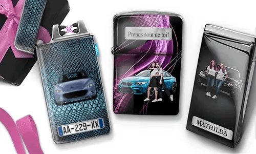 Three custom electronic lighters with car-themed photo prints: blue BMW with 
