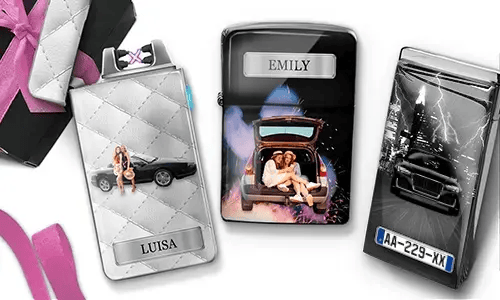 Drei personalisierte Feuerzeuge mit Auto-Motiven und den Namen „Luisa“ und „Emily“ sowie rosa Akzenten. Die Verpackung verleiht eine festliche Stimmung.