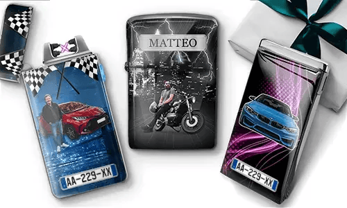 Three personalized lighters with custom car and motorcycle photos, names, license plates, and automotive designs.