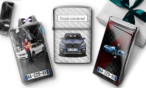 Three personalized lighters featuring different car-related designs. The center lighter reads 