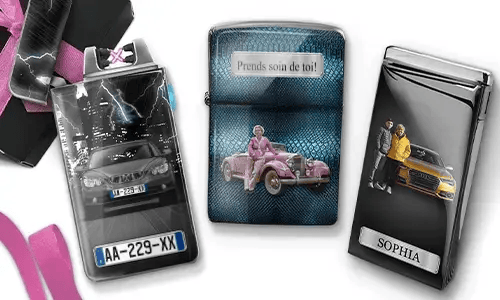 Three personalized stainless steel lighters featuring custom grandma photos, cars, and heartfelt messages