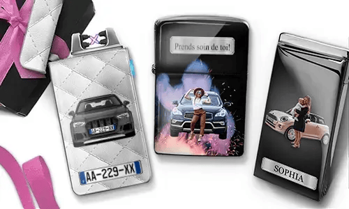 Three personalized stainless steel lighters featuring custom mother photos, cars, and “Beste Mama” messages.