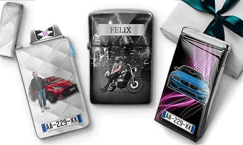 Three personalized stainless steel lighters featuring custom names, photos, cars, and a motorcycle