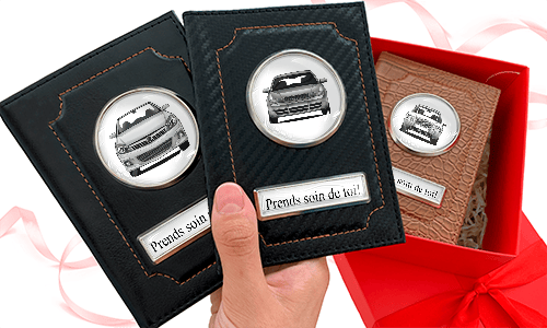 Cadeau personnalisé pour papa : pochette carte grise avec voiture et texte