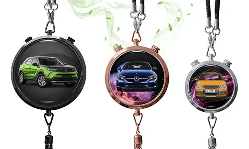 Three pendant-style frames with car images: black with green SUV, rose gold with blue Mercedes, silver with white car