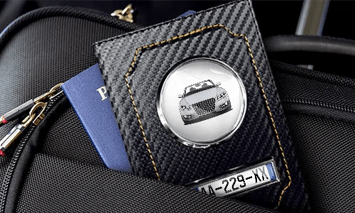 Car documents holder black with blue car and the passport