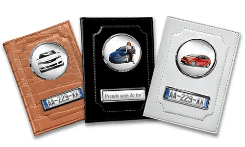 Personalized car documents holder for girlfriend in black, white and brown