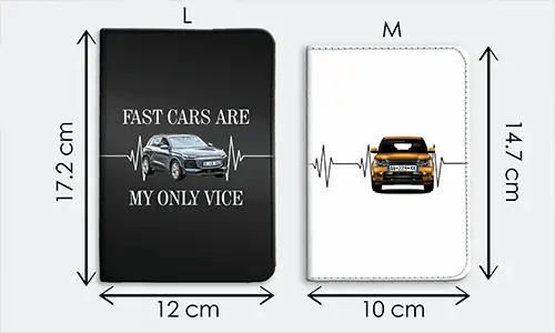 Zwei Notizbuchcover L und M: Schwarz 17,2x12 cm mit Auto und FAST CARS Zitat, Weiß 14,7x10 cm nur mit Auto-Grafik