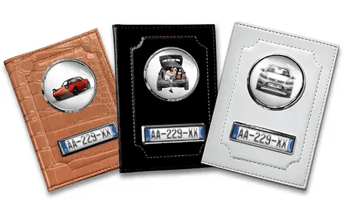 Personalized car documents holder for wife in black, white and brown leather