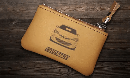 Braunes Leder-Schlüsselmäppchen mit Reißverschluss, bedrucktes Auto und Kennzeichen 
