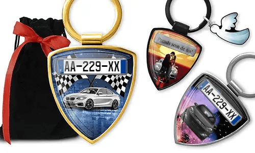 Shield photo keychains with personalized car designs