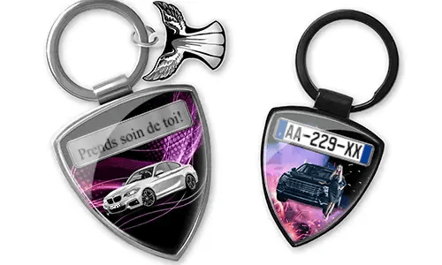 Shield photo keychain with custom car photo and license plate