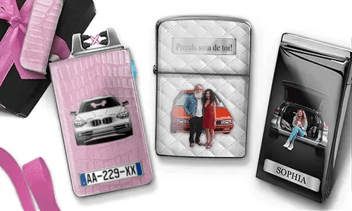 Two custom car-themed lighters featuring personalized family photos and unique designs