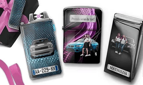 Three personalized car-themed lighters featuring custom photos, racing details, and unique vehicle designs.
