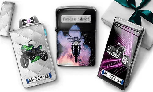 Three personalized motorcycle-themed lighters with custom bike designs and license plates