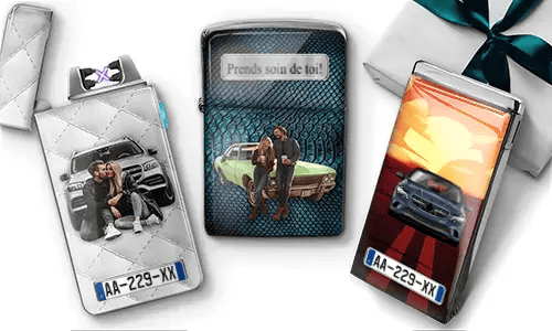 Three personalized stainless steel lighters featuring custom cars, a couple, romantic designs, and license plate details