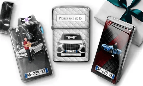 Three personalized car lighters with custom photos, license plates, and unique automotive designs.