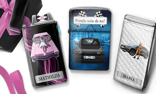 Three personalized stainless steel lighters featuring custom car designs, women, names, and license plate details