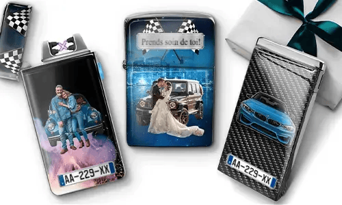 Three personalized stainless steel lighters featuring custom cars, a couple, wedding design, and license plate details