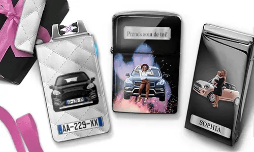 Three personalized lighters with custom mother photos, cars, license plate, and “Beste Mama” designs.