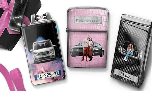 Three personalized lighters with unique custom car-themed designs and photos